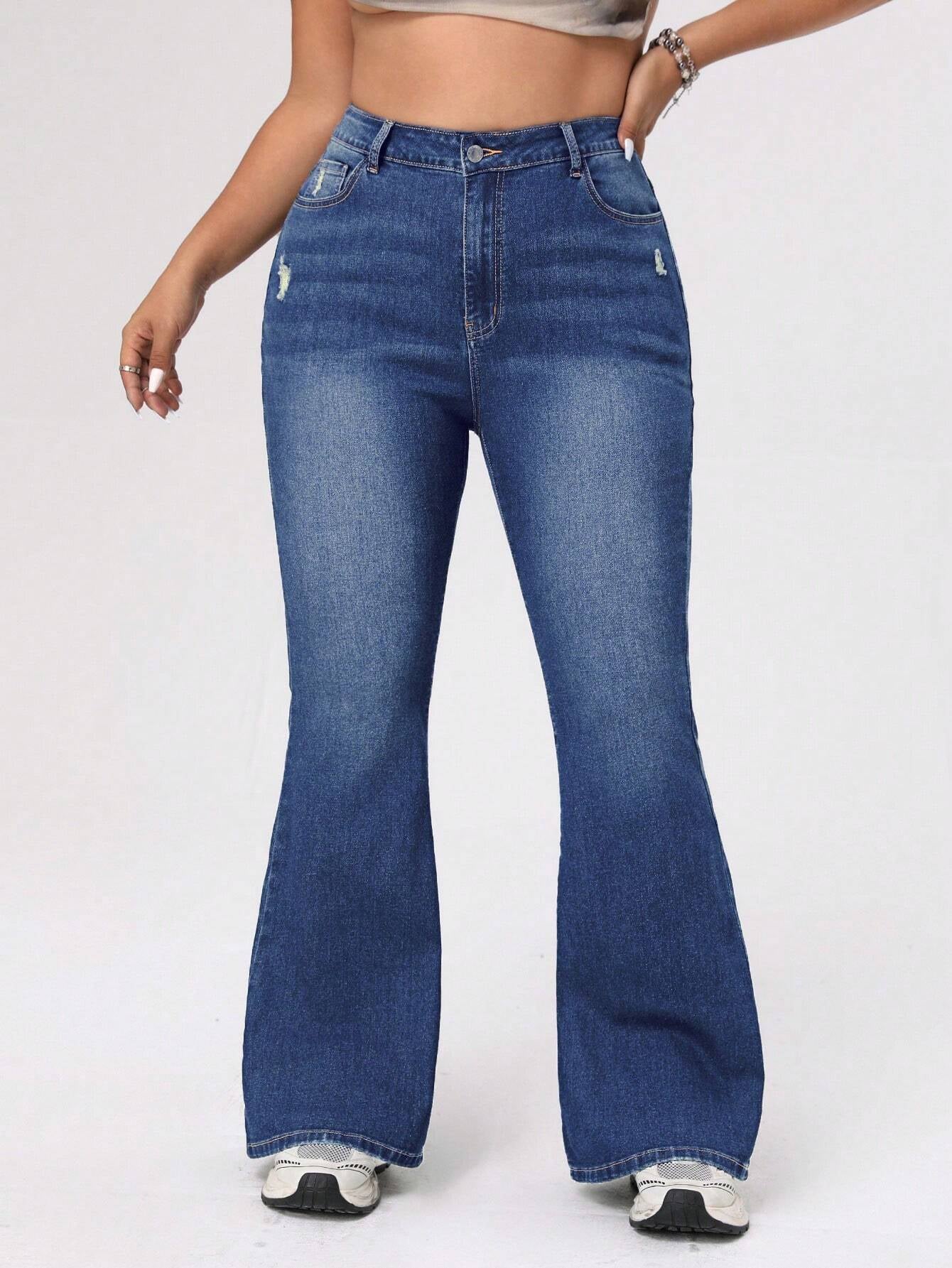 ICON Plus Size Women's Distressed Flared Jeans