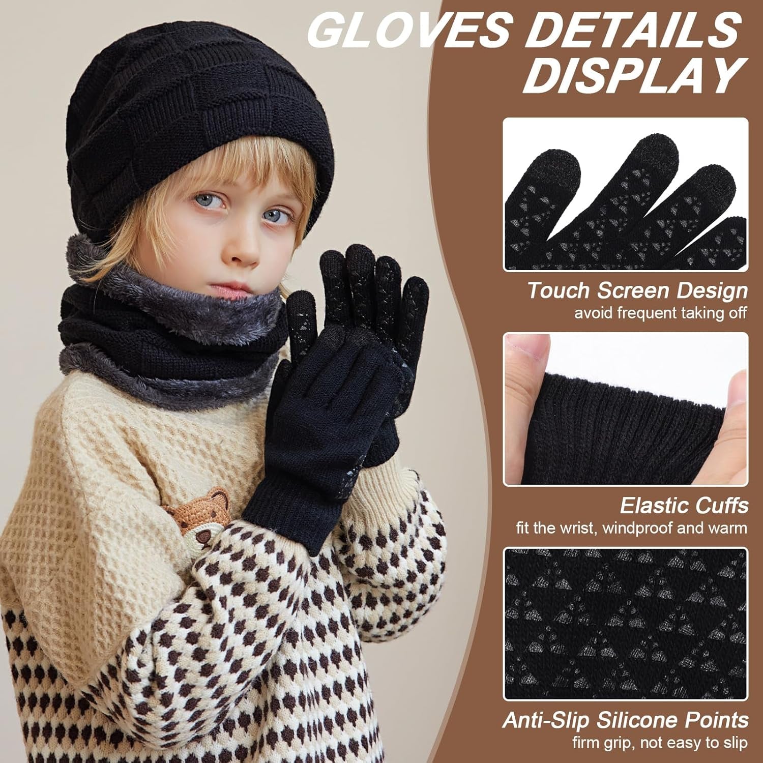3Pcs Kids Hat Scarf Gloves Set, Winter Knitted Fleece Lined Beanie Hat Neck Warmer Touch Screen Gloves for Girls Boys