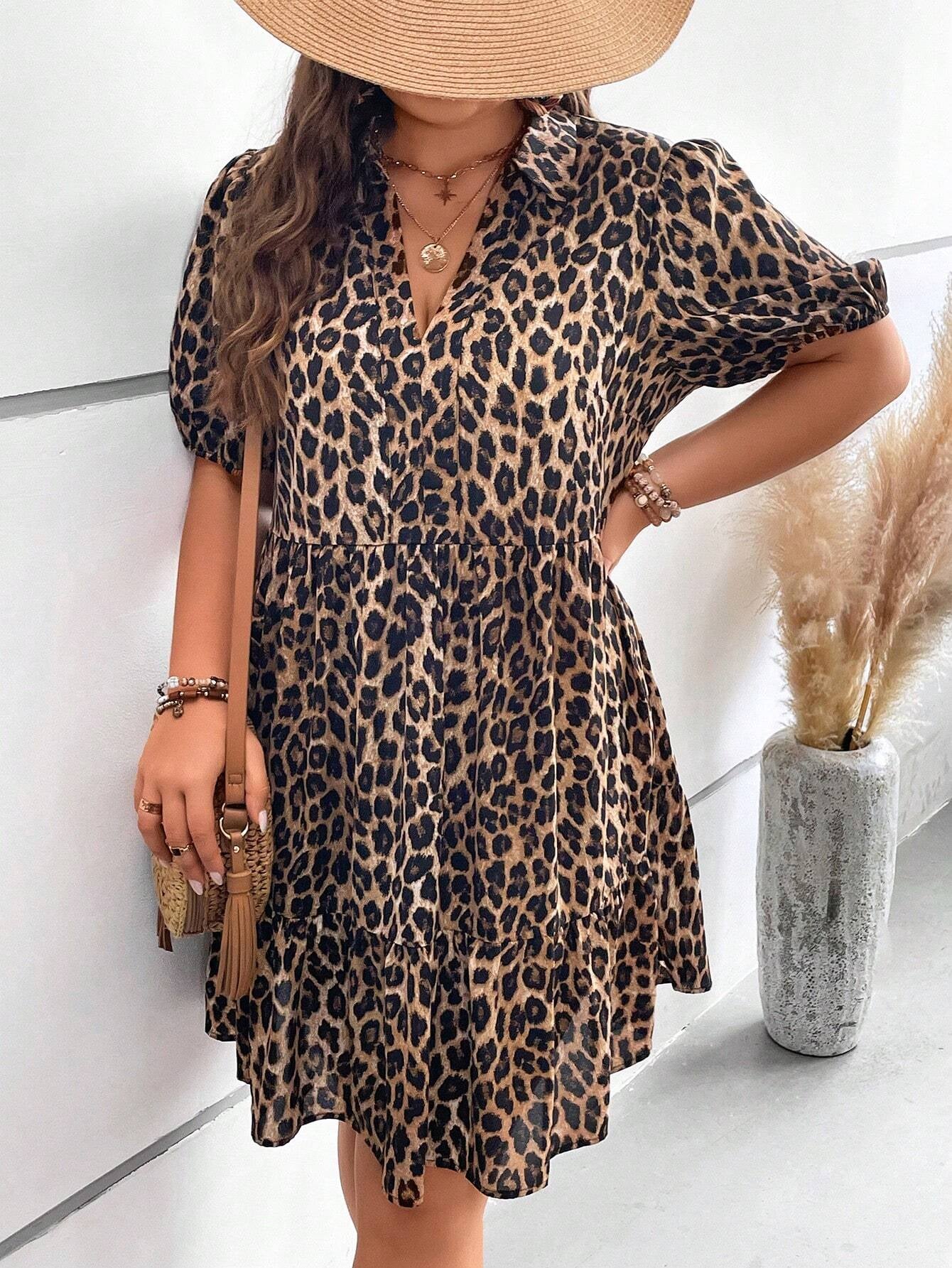 LUNE Plus Size Leopard Print Puff Sleeve Ruffled Hem Smock Dress