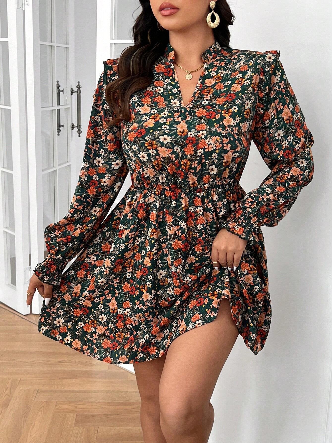 Plus Size Floral Notch Neck Dress for Women - Elegant Long Sleeve Casual Attire for Spring, Summer, and Fall