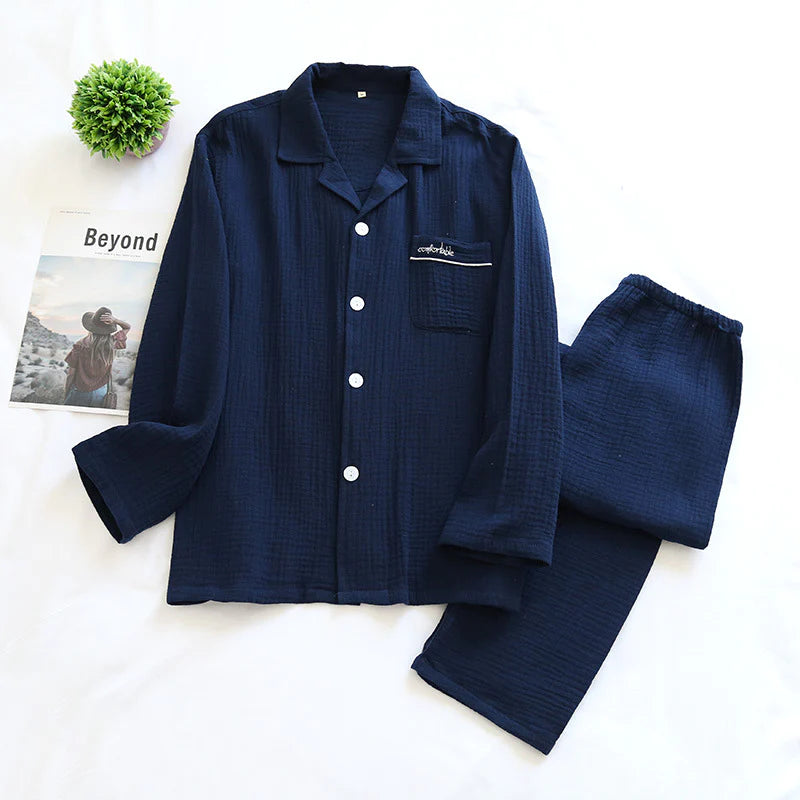 Long Sleeve Pajamas Cotton Double Layer Gauze Clothes Front Button Suit Solid Color