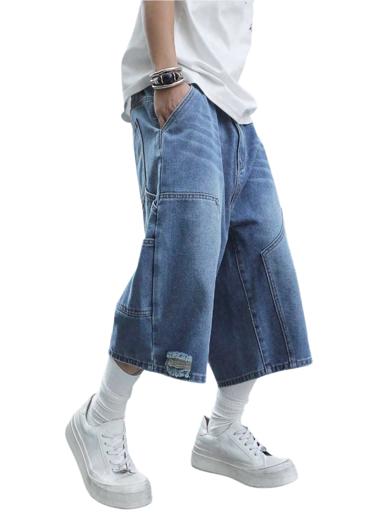 Manfinity EMRG Men'S Mid-Blue Washed Denim Cargo Shorts, Patchwork Street Style Loose Fit Jorts