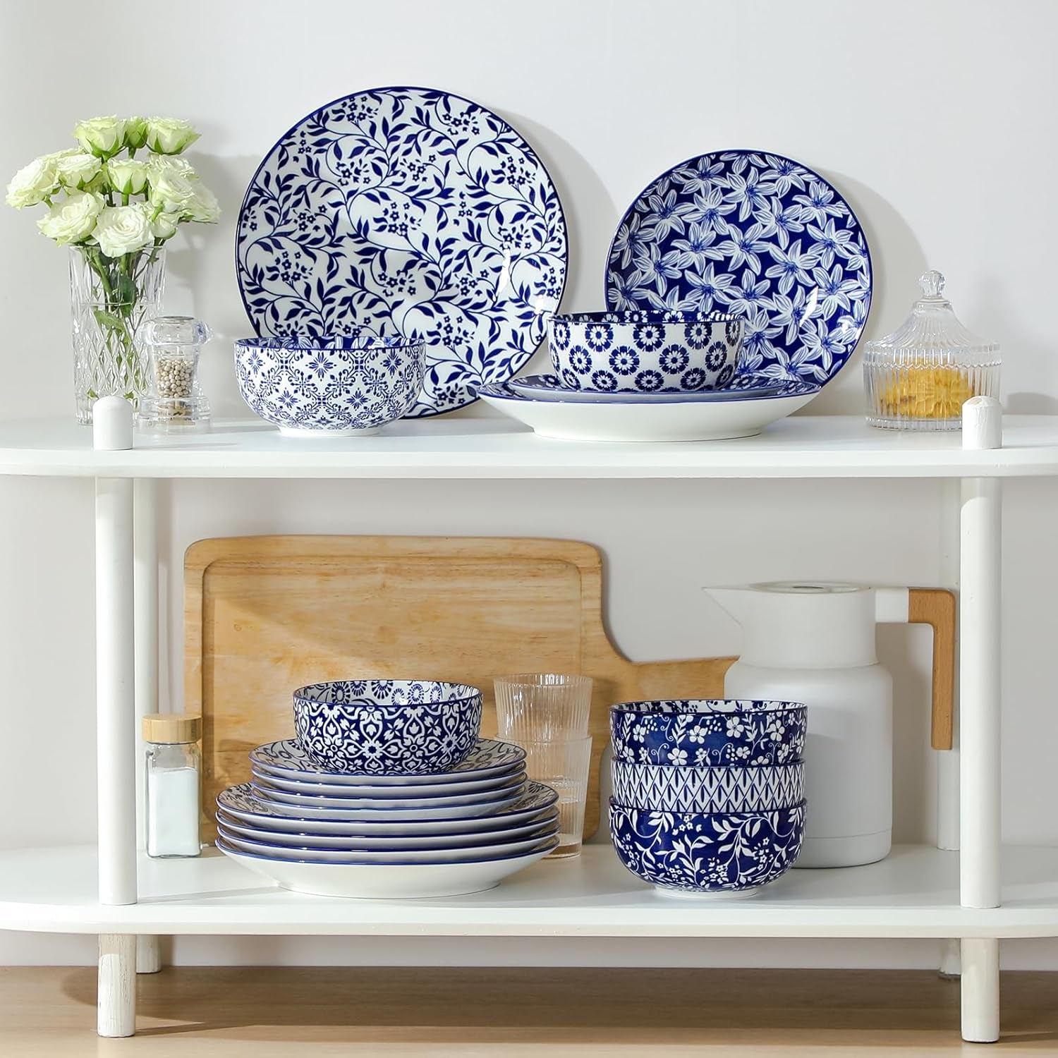 Selene Dinner Sets for 6 People, 18 Pieces Vintage Blue Porcelain Plates and Bowls Set Kitchen Crockery Set Dinnerware Sets, Mircowave and Dishwasher Safe Dishes Set