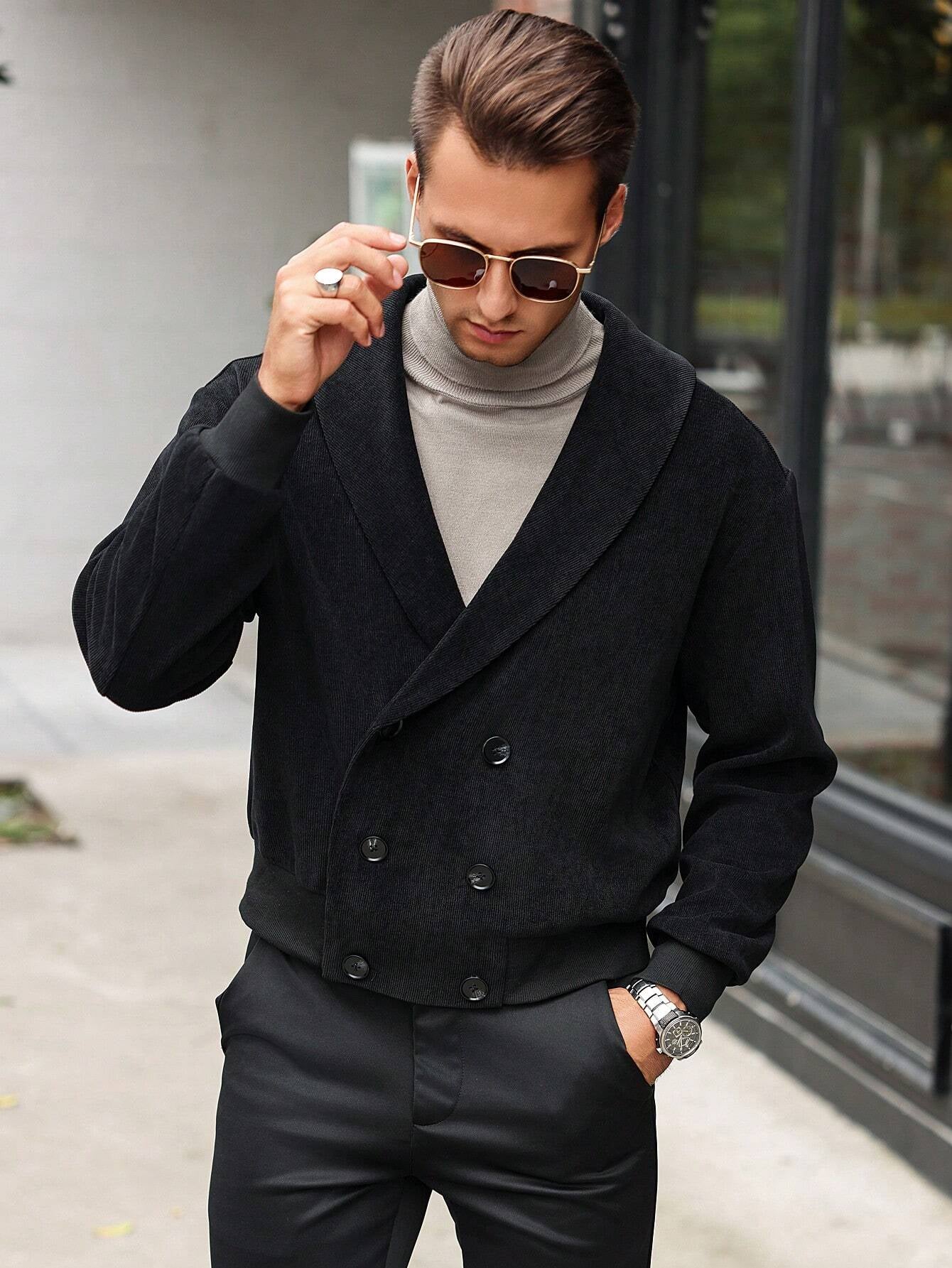 Manfinity Bizformal Men'S Autumn Casual Shawl Collar Double-Breasted Long Sleeve Black Jacket ,Fall and Winter Men ,Men Jacket. Going Out Light Jacket, for Friends, Husband, Boyfriend Gifts