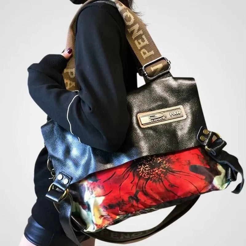 Jamhoo Vintage Leather Women Handbags Shoulder Bag Women'S Large Capacity Canvas Crossbody Bag New Portable Messenger Tote Bag