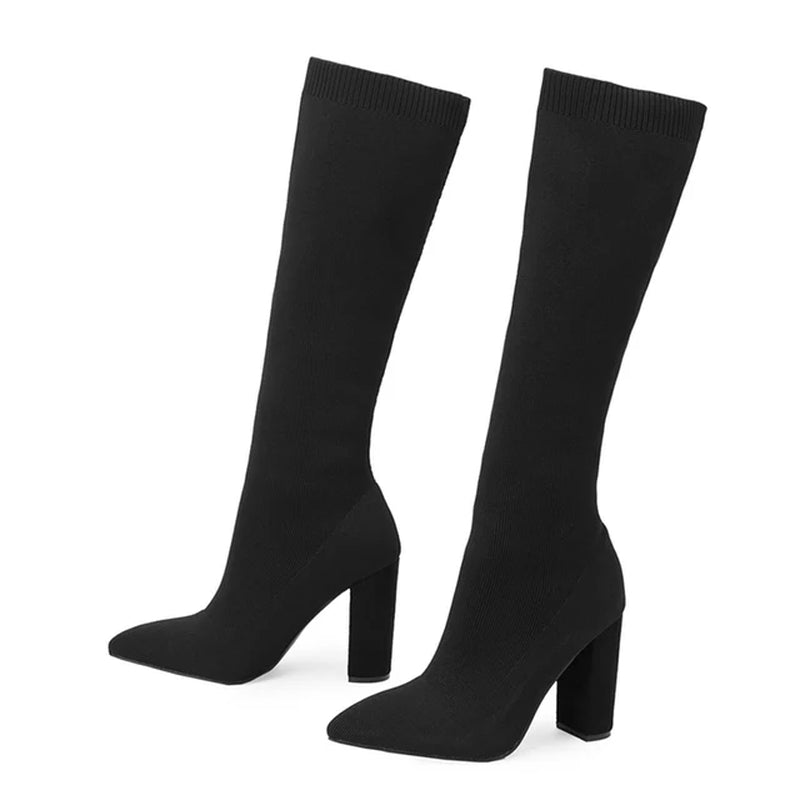 Green Women’s Cozy Knitted Knee-High Boots with Stretch Fabric and Square Heels for Autumn and Winter