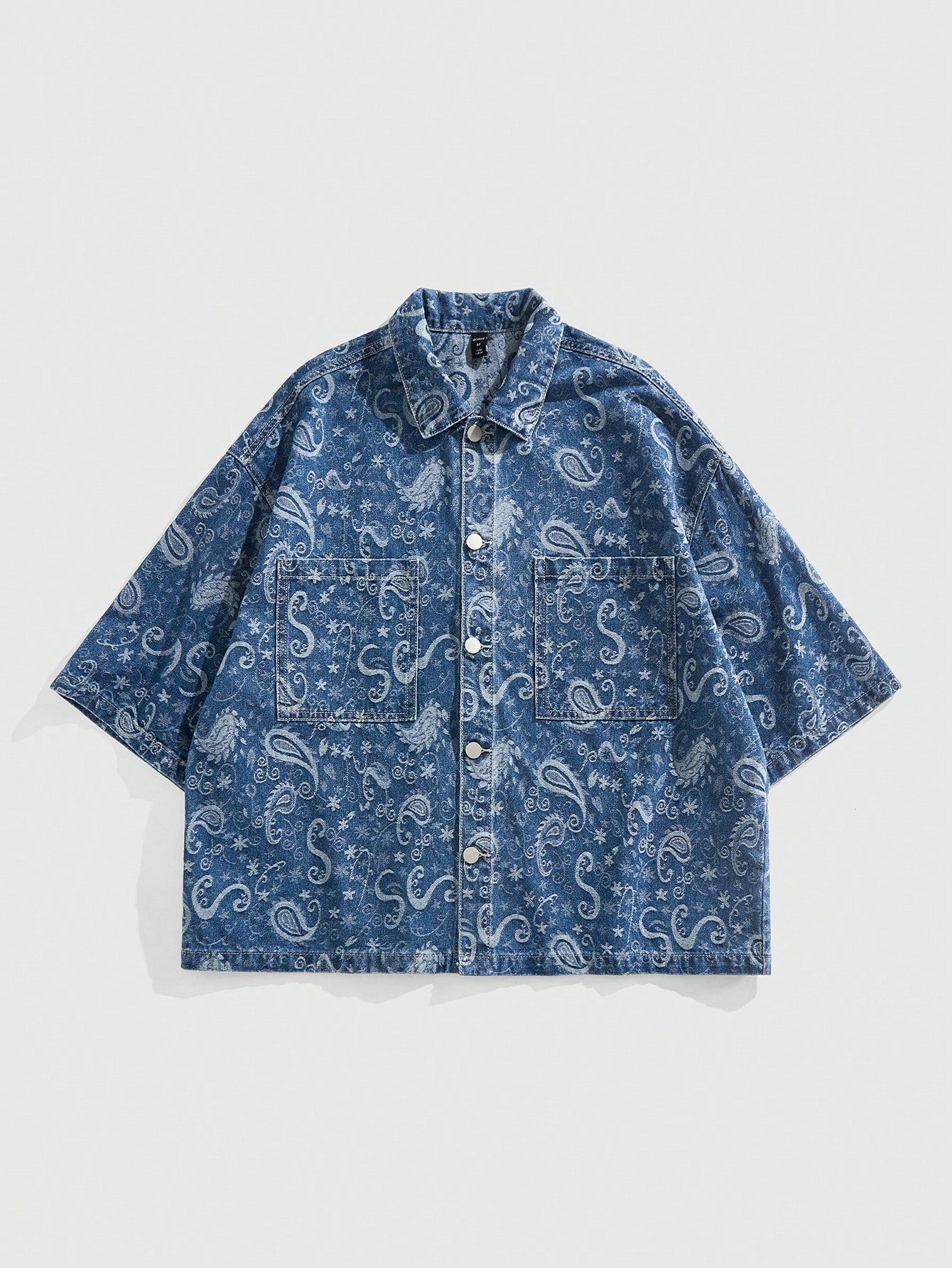 ROMWE MEN Grunge Punk Men'S Summer Vacation Paisley Print Patchwork Pocket Short Sleeve Denim Shirt
