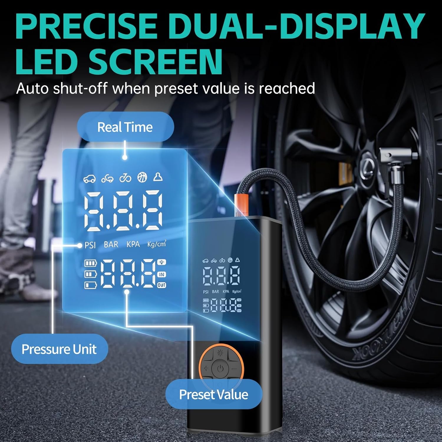 Cordless Tyre Inflator Portable Air Compressor Digital Car Tire Pump DC 12V 150 PSI Electric Air Pump for Vehicle Tyres/Bike/Inflatables with Preset and Auto Shutoff Function/ 4 Nozzles/Led Light