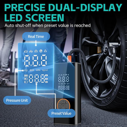 Cordless Tyre Inflator Portable Air Compressor Digital Car Tire Pump DC 12V 150 PSI Electric Air Pump for Vehicle Tyres/Bike/Inflatables with Preset and Auto Shutoff Function/ 4 Nozzles/Led Light