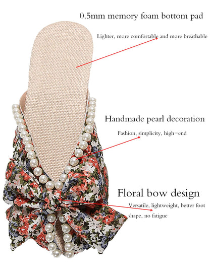 Women'S Student Back-To-School Season Full-Print Faux Pearl Design Bow Flat Sandals Outdoor Fashion Wedding Work School Dormitory Vacation Travel Beach Can Be Worn