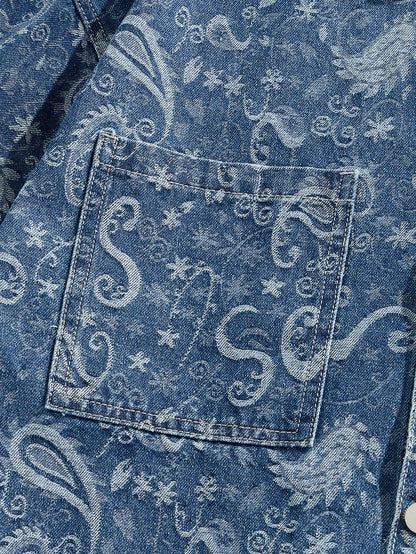 ROMWE MEN Grunge Punk Men'S Summer Vacation Paisley Print Patchwork Pocket Short Sleeve Denim Shirt