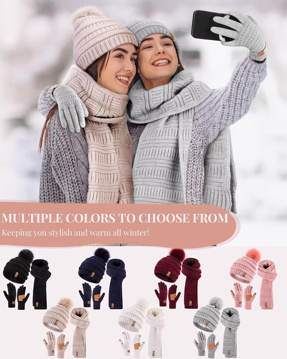 Hat Scarf and Gloves Set Ladies, Cute Pom Pom Winter Beanie Hat for Women with Warm Fleece Lined, Long Knit Bobble Touchscreen Gloves Women Scarf Neck Warmer 3 in 1 Cold Weather Gift Set