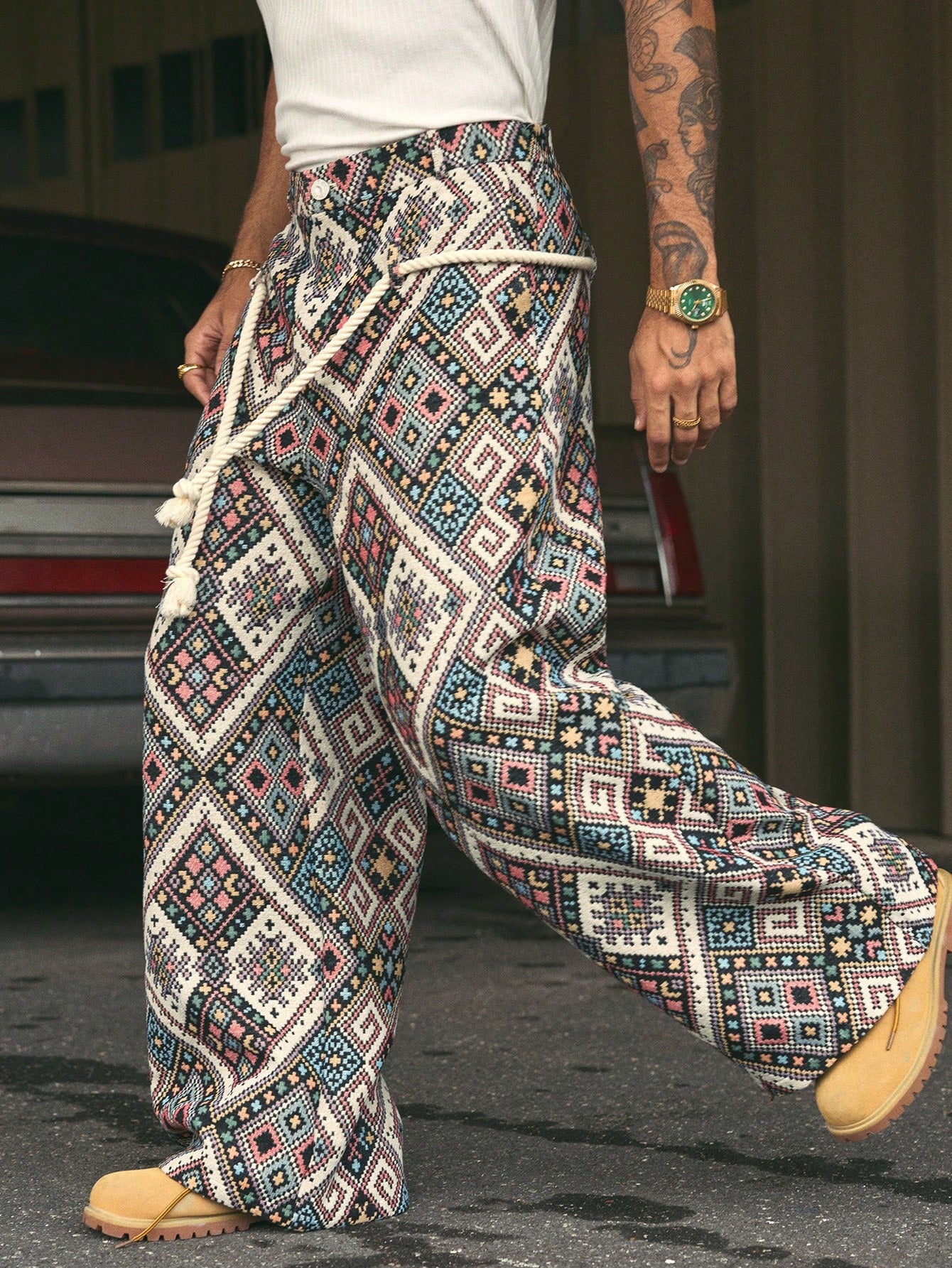 AXEPEAK Men'S Geometric Print Drawstring Waist Casual Pants, Vacation Style, Streetwear Ready