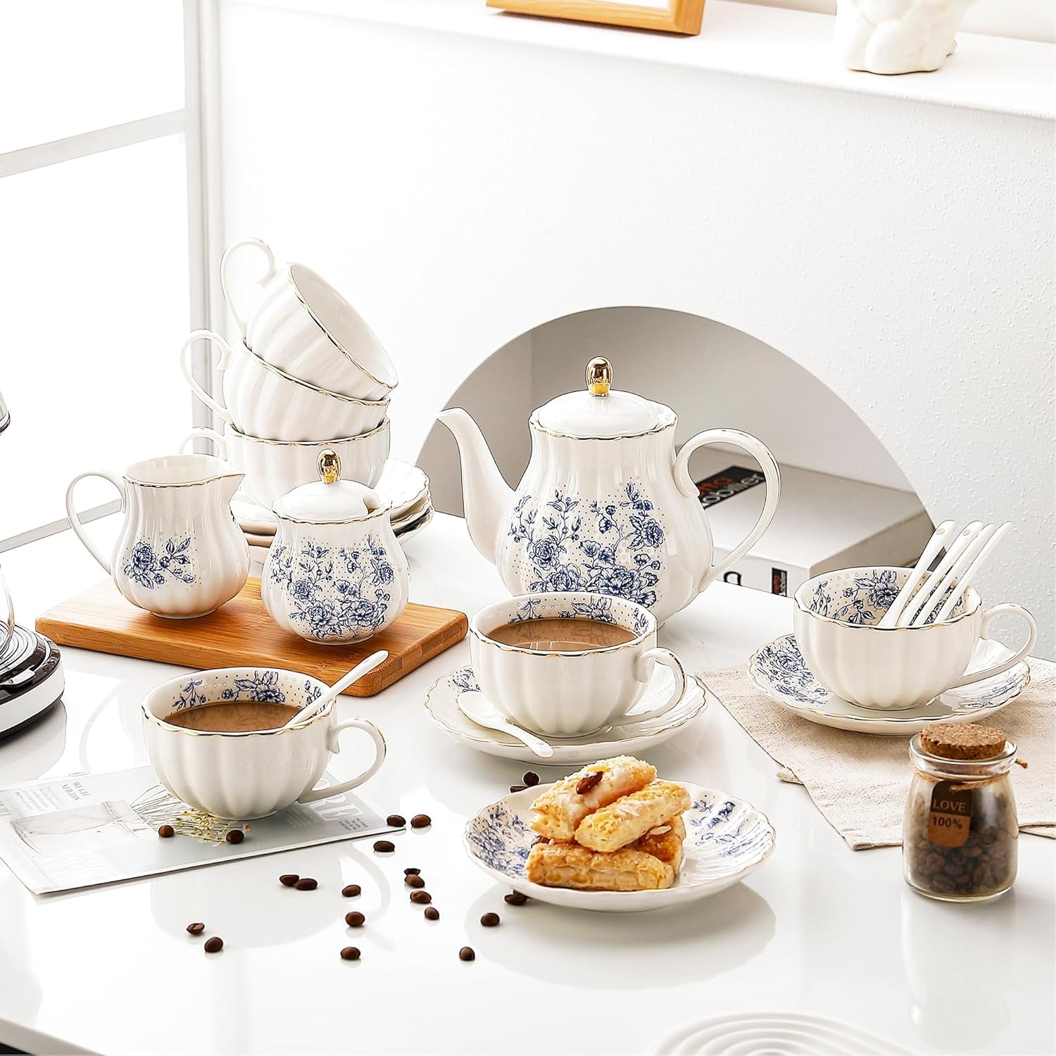 22Pcs Rose Porcelain Tea Set for Coffee,Tea Blue Porcelain Tea Cup Set