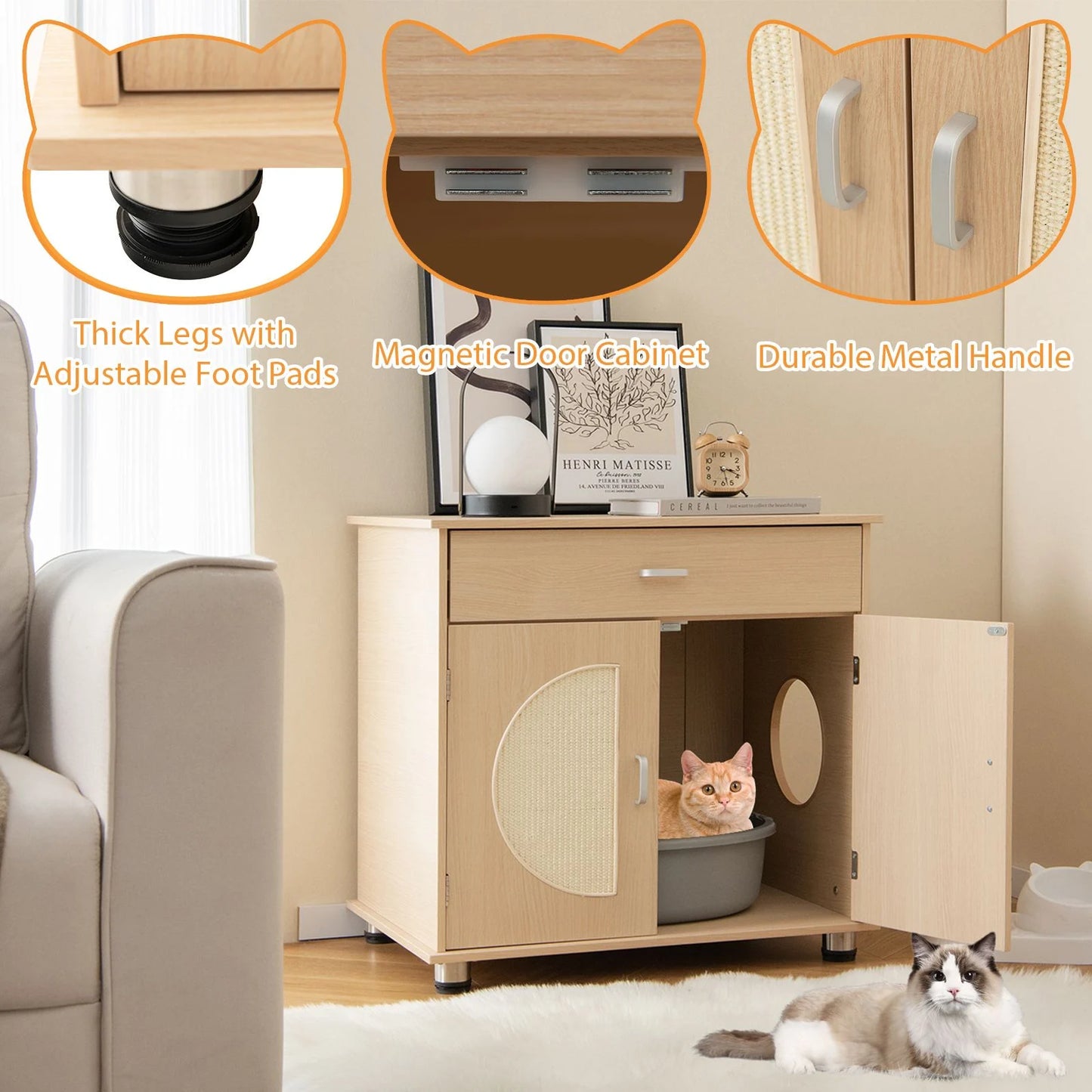 Cat Litter Box Enclosure with Sisal Scratching Doors and Integrated Storage Drawer