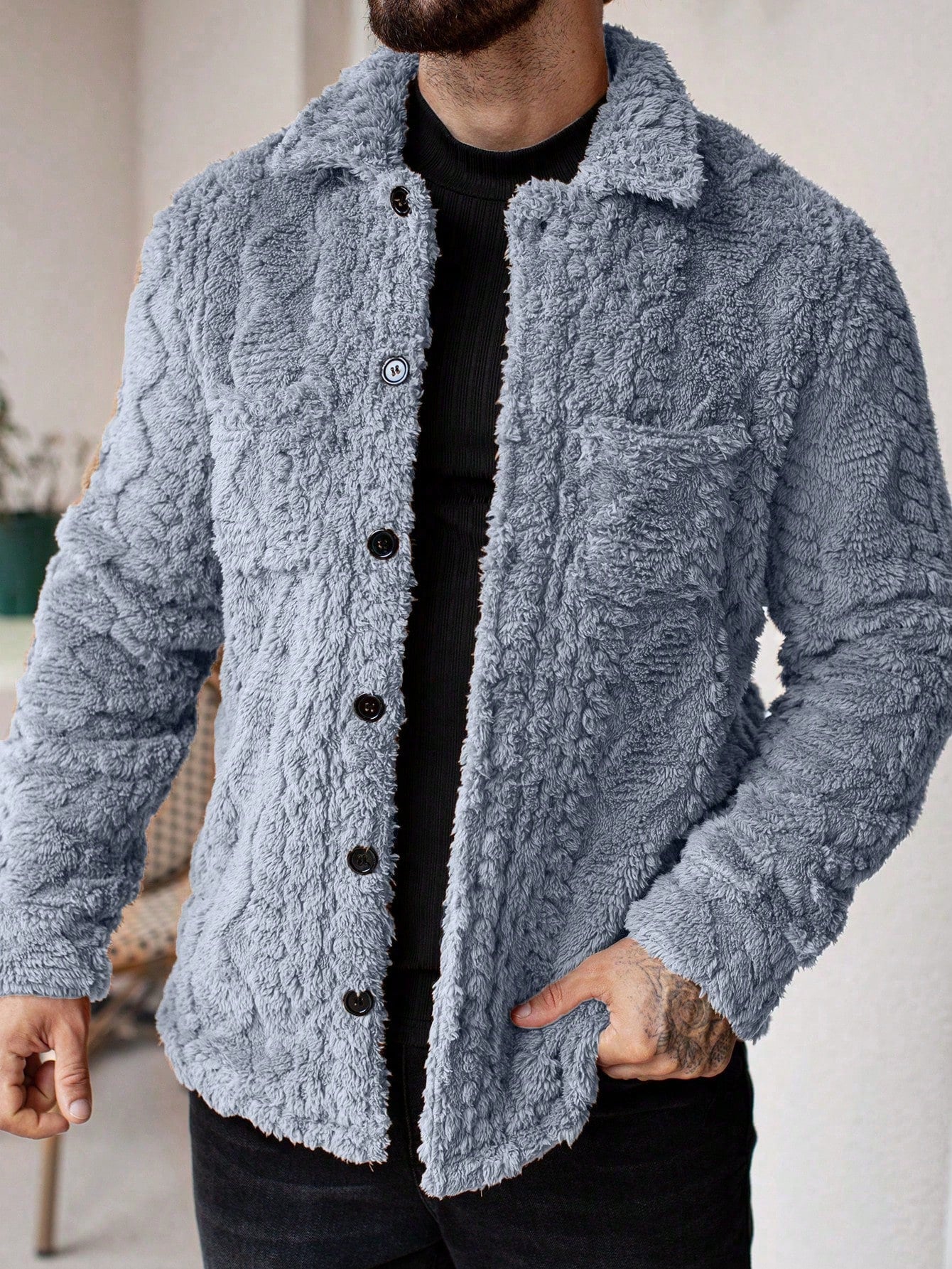 Manfinity Homme Men'S Casual Solid Color Fuzzy Jacket for Autumn/Winter ,Men Flannel,Winter Men Jacket, Going Out Warm Long Sleeve Jacket, for Friends, Husband, Boyfriend Gifts