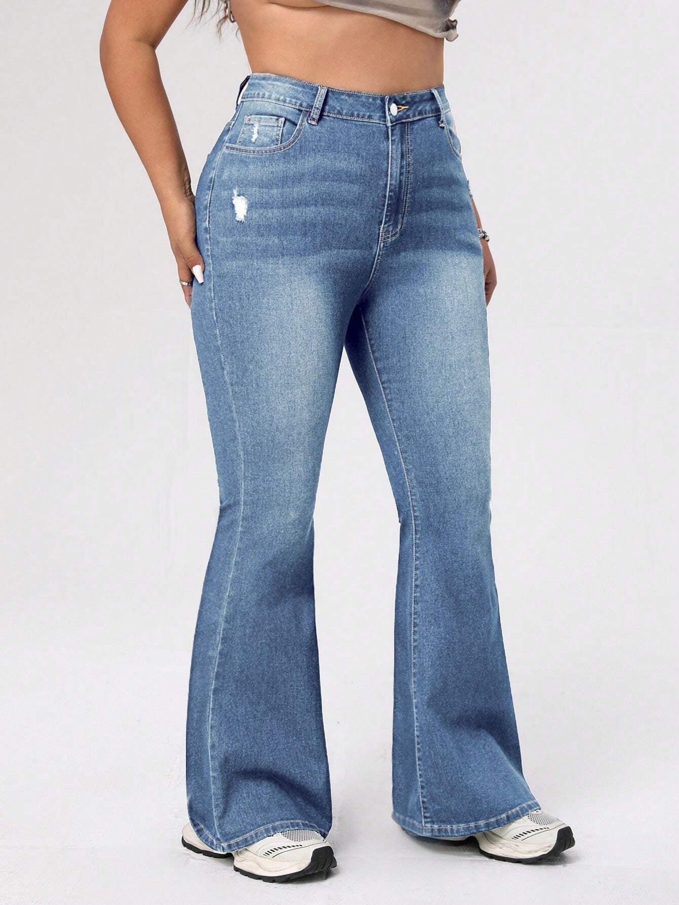 ICON Plus Size Women's Distressed Flared Jeans