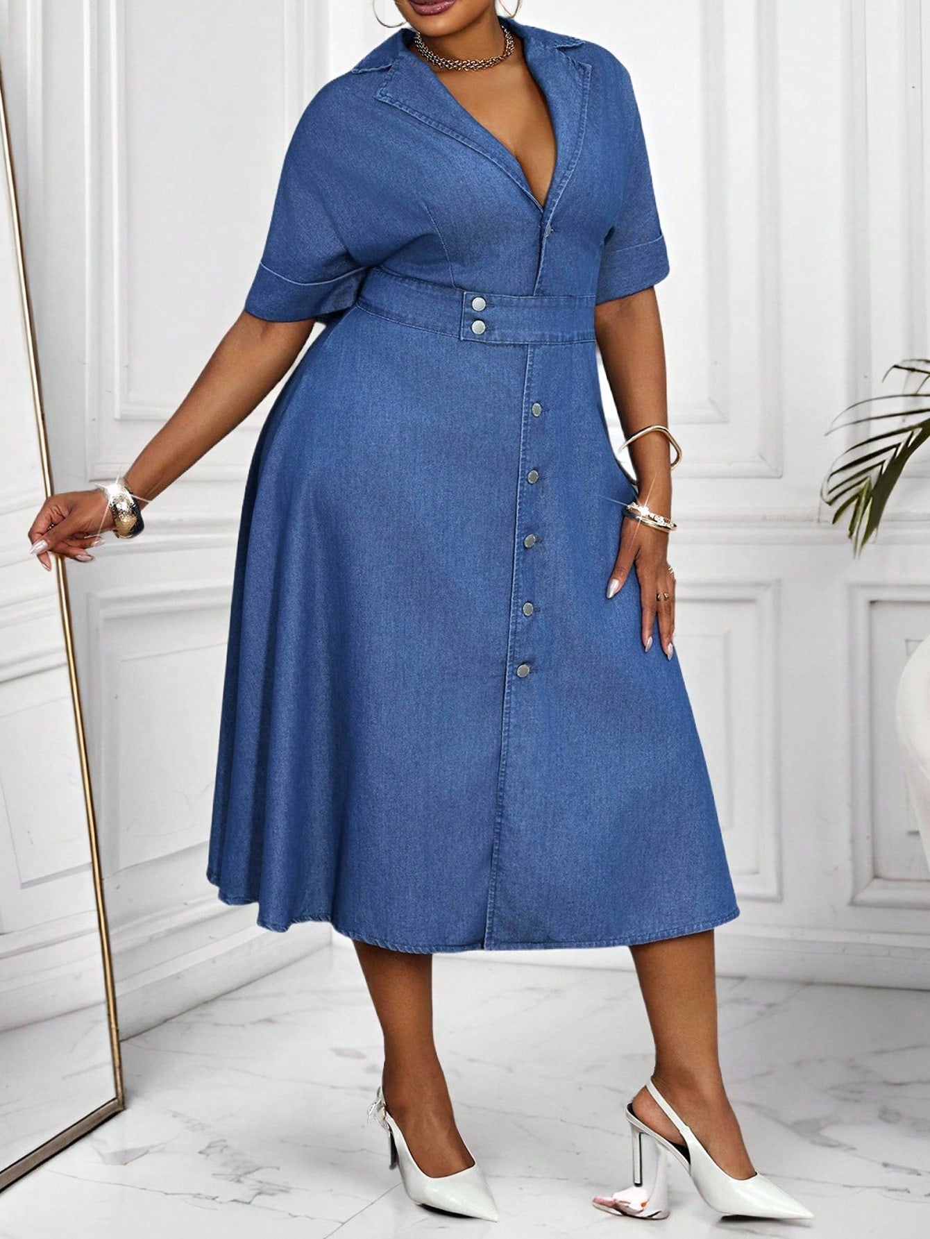 Lady plus Size Women'S Summer Lapel Neck Single-Breasted Short Sleeve Casual Denim Dress Wedding Guest Dress Women Fashionable for Summer Summer Dresses for Women Summer Dress Vacation Outfits Birthday Dresses for Women Business Casual Woman plus Size Jean Dress Denim plus Size Dress Jean Dress plus Size Denim Dress plus Size Curve Denim Dress