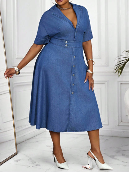 Lady plus Size Women'S Summer Lapel Neck Single-Breasted Short Sleeve Casual Denim Dress Wedding Guest Dress Women Fashionable for Summer Summer Dresses for Women Summer Dress Vacation Outfits Birthday Dresses for Women Business Casual Woman plus Size Jean Dress Denim plus Size Dress Jean Dress plus Size Denim Dress plus Size Curve Denim Dress