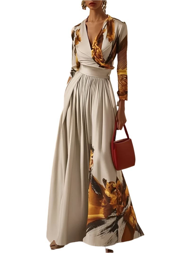 Freeacy Women'S Elegant One-Piece Suit Printed Deep V-Neck Long Sleeves Jumpsuit 2025 Elastic High Waist Wide Leg Jumpsuits