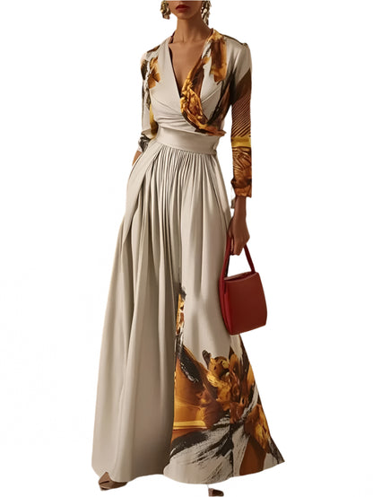Freeacy Women'S Elegant One-Piece Suit Printed Deep V-Neck Long Sleeves Jumpsuit 2025 Elastic High Waist Wide Leg Jumpsuits