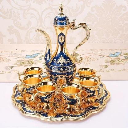 1Set Vintage Metal Turkish Coffee Pot Set European Style Tea Set 6 Luxury Coffee Cups Craft Tea Tray and Teapot for Serving Tea