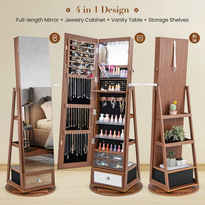 Lockable 360-Degree Rotating Jewelry Armoire with Full-Length Mirror