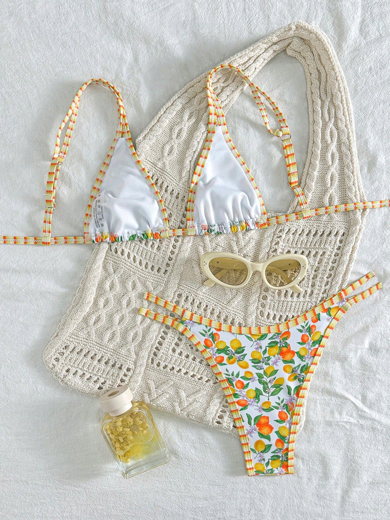 Swim Vcay 2Pcs/Set Sexy Fruit Print Contrast Color Trim Swimwear Top and Side Strap Swimwear Bottom, Summer Holiday Vacation