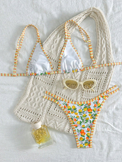 Swim Vcay 2Pcs/Set Sexy Fruit Print Contrast Color Trim Swimwear Top and Side Strap Swimwear Bottom, Summer Holiday Vacation