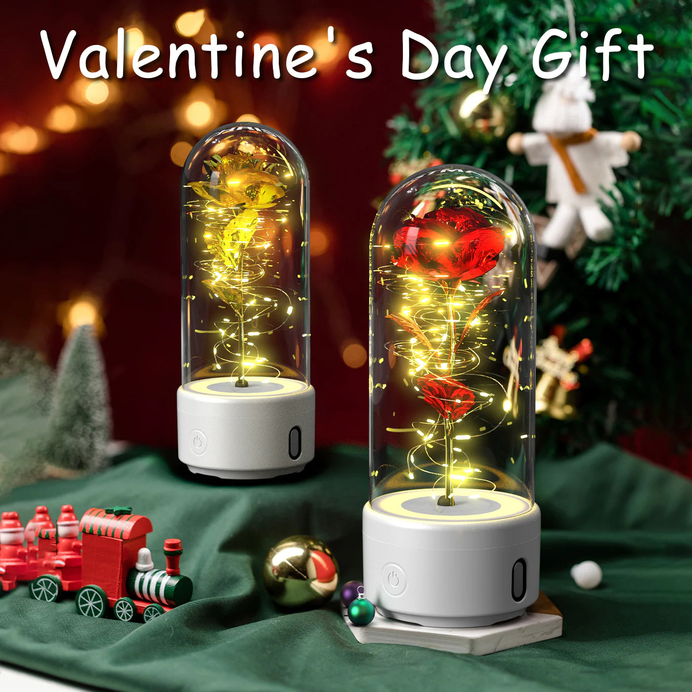 Creative 2 in 1 Rose Flowers LED Light and Bluetooth Speaker Valentine'S Day Gift Rose Luminous Night Light Ornament in Glass Cover