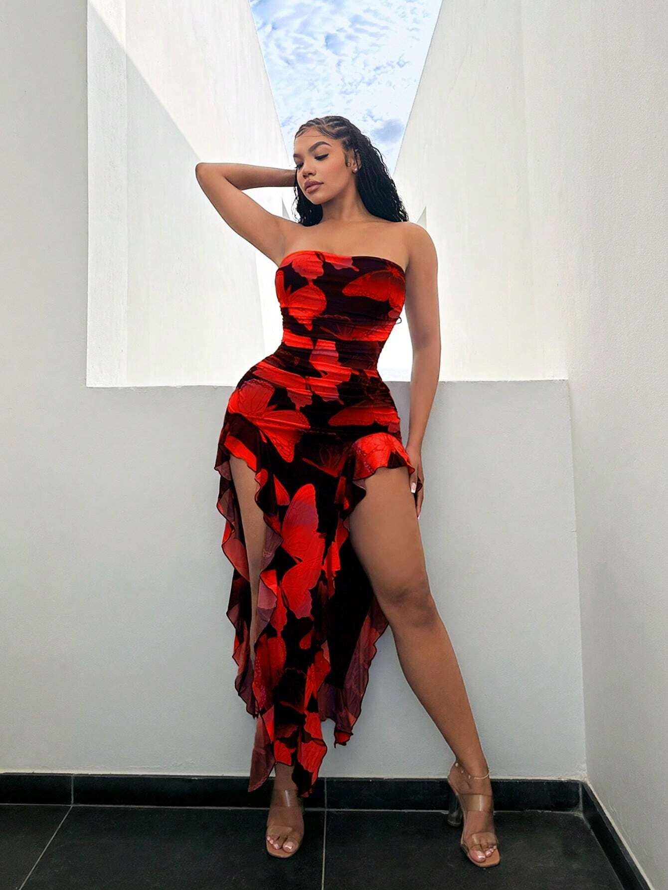 SXY Summer Butterfly Print Flared High-Low Bandeau Bodycon Dress