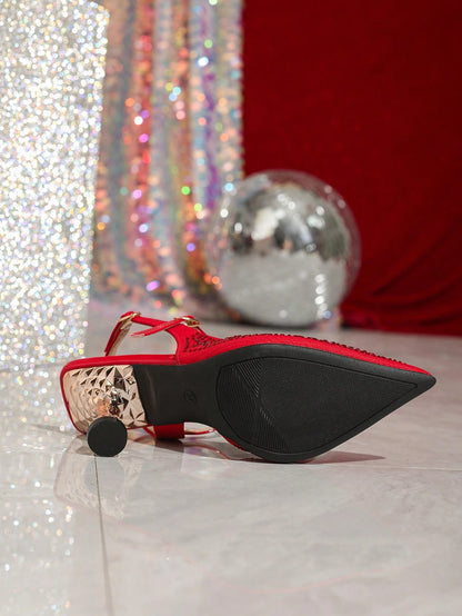 Pink Elastic Strap Back Rhinestone Women'S Sandals, Pointed Toe Backless Square High Heel Shoes, Unique Design