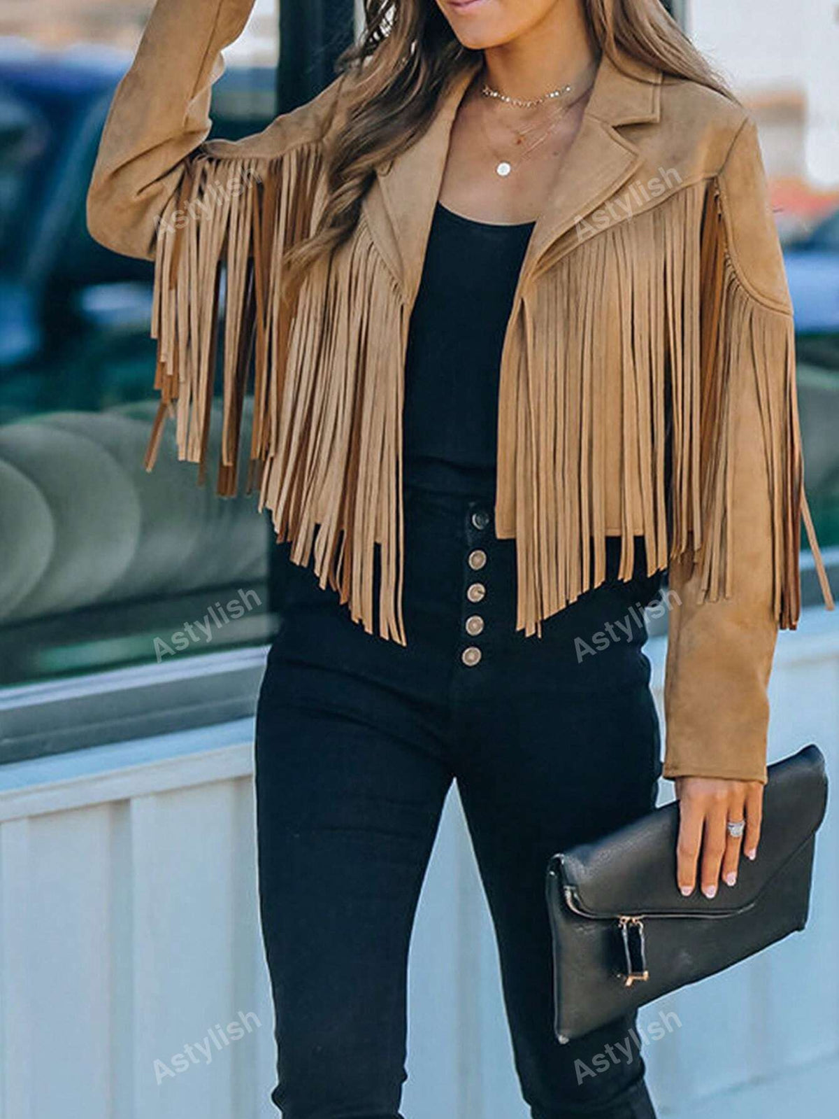 Astylish Women Western Wear Long Sleeve Fringe Open Front Faux Suede Moto Jacket Festival Outfit