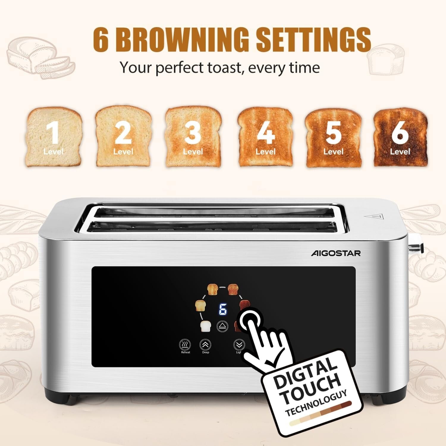 Long Slot Toaster Stainless Steel, Extra-Wide Slots, Digital Touch Control, 6 B