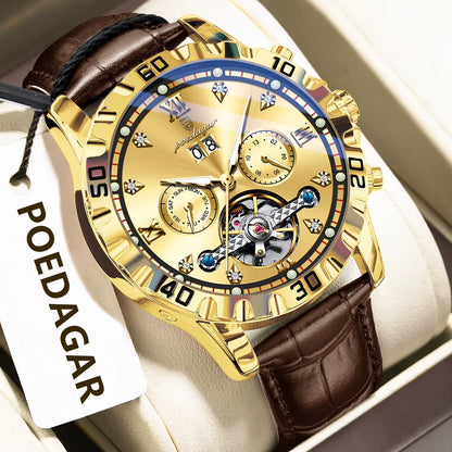 Fashion Men Wristwatch Luxury Hollow Tourbillon Luminous Date Week Man Clock Automatic Mechanical Leather Men'S Watches