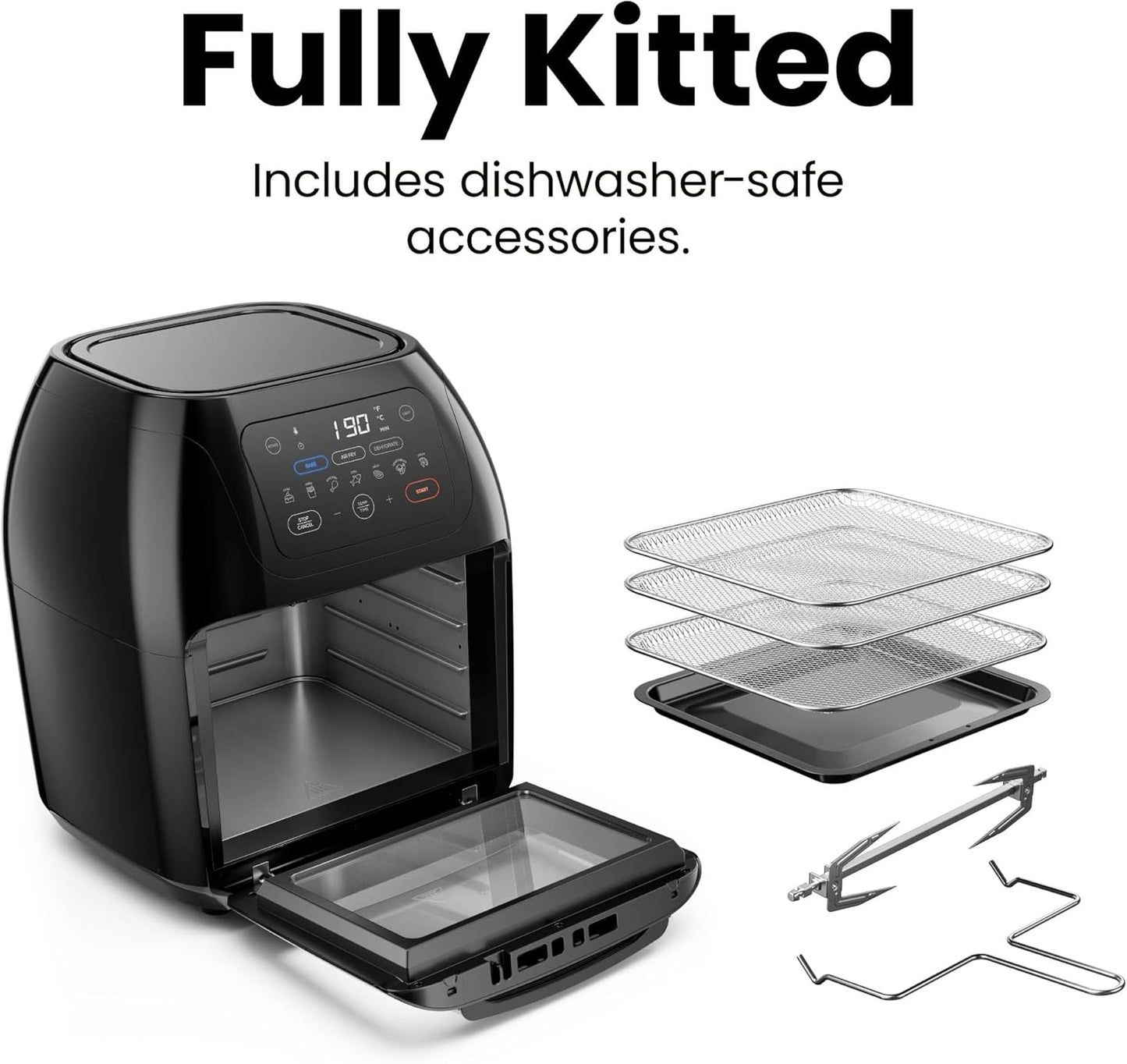 5 in 1 Air Fryer Oven with Rotisserie, 10L 1800W, 17 Presets Air Fry, Dehydrator, Roast, Bake, Family Size Large Air Fryer with Auto Shutoff and View Window, Black