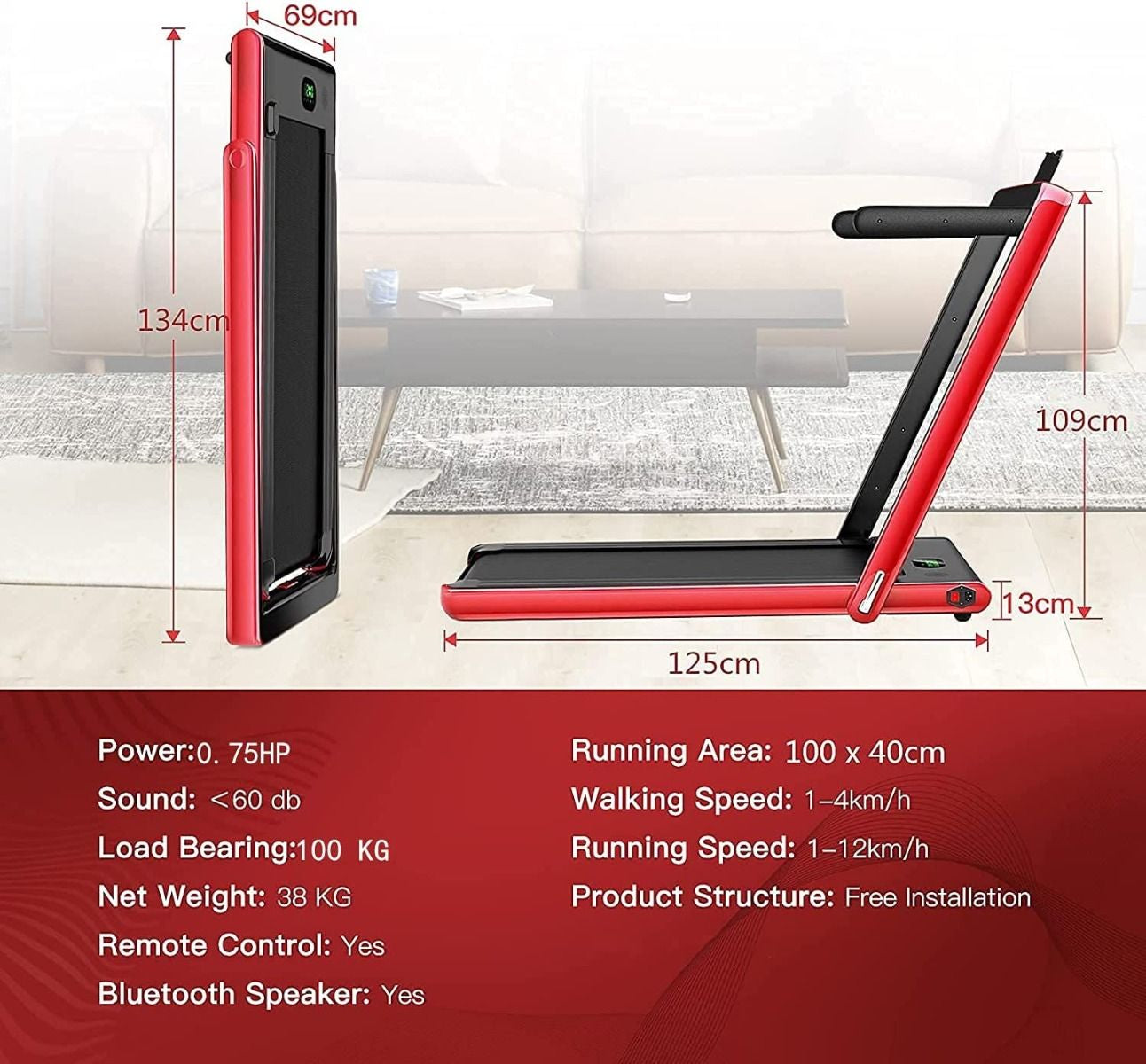 Folding Electric Treadmill with Bluetooth Connectivity (1-12 KPH)