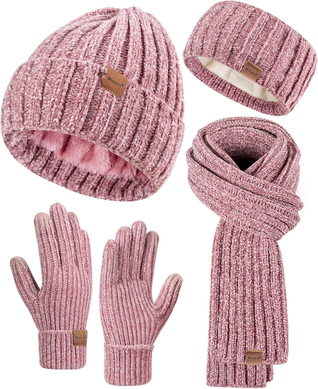 Headbands Hat Scarf and Gloves Set Ladies, Chenille Beanie Hat Women Fleece Lined Touchscreen Gloves Women Knit Scarf Ear Warmers 4 in 1 Cold Weather Gift Set