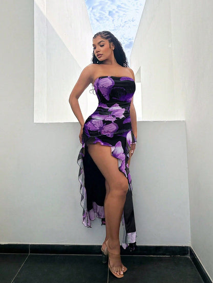 SXY Summer Butterfly Print Flared High-Low Bandeau Bodycon Dress