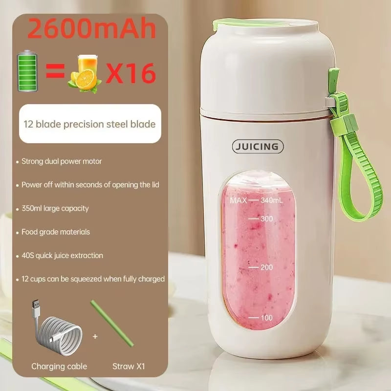 Portable Multi-Function USB Wireless Juicer 12-Blade Head Fast Juice Extraction 2600Mah Capacity Indoor and Outdoor Mixing Cup