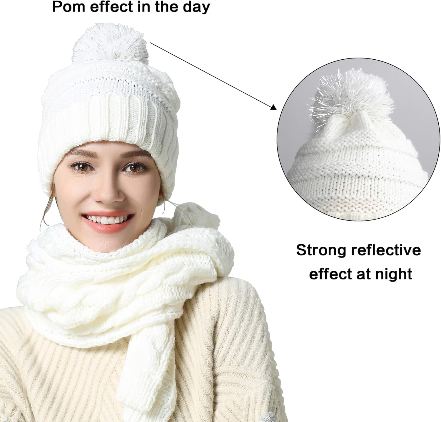 Scarf Hat Glove Sets Cable Knit Winter Gift Set Pompom Hat Touch Screen Gloves Long Scarf 3Pcs Cold Weather Warm Set for Women Girls