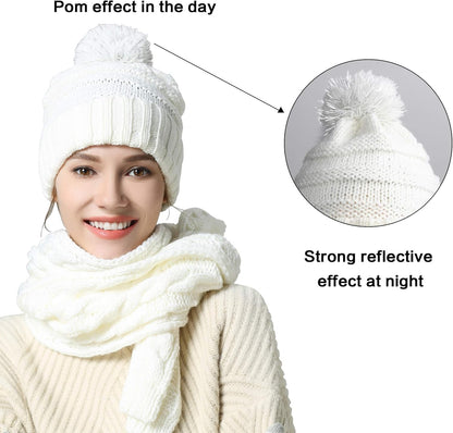 Scarf Hat Glove Sets Cable Knit Winter Gift Set Pompom Hat Touch Screen Gloves Long Scarf 3Pcs Cold Weather Warm Set for Women Girls