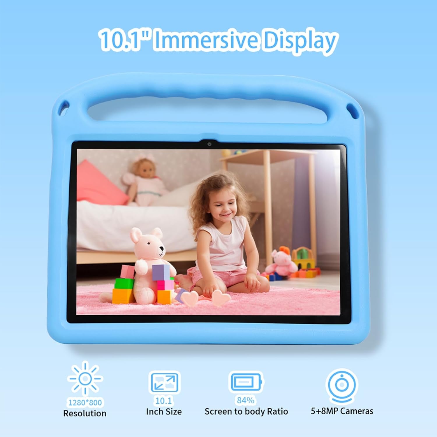 Android 14 Kids Tablet 10 Inch,Tablet for Children with Family Link Parental Control,8Gb+128Gb up to 1Tb,Octa-Core,Wifi 6,GMS to Learn Tablets for Toddlers,Face Id,Shockproof EVA Case (Blue）