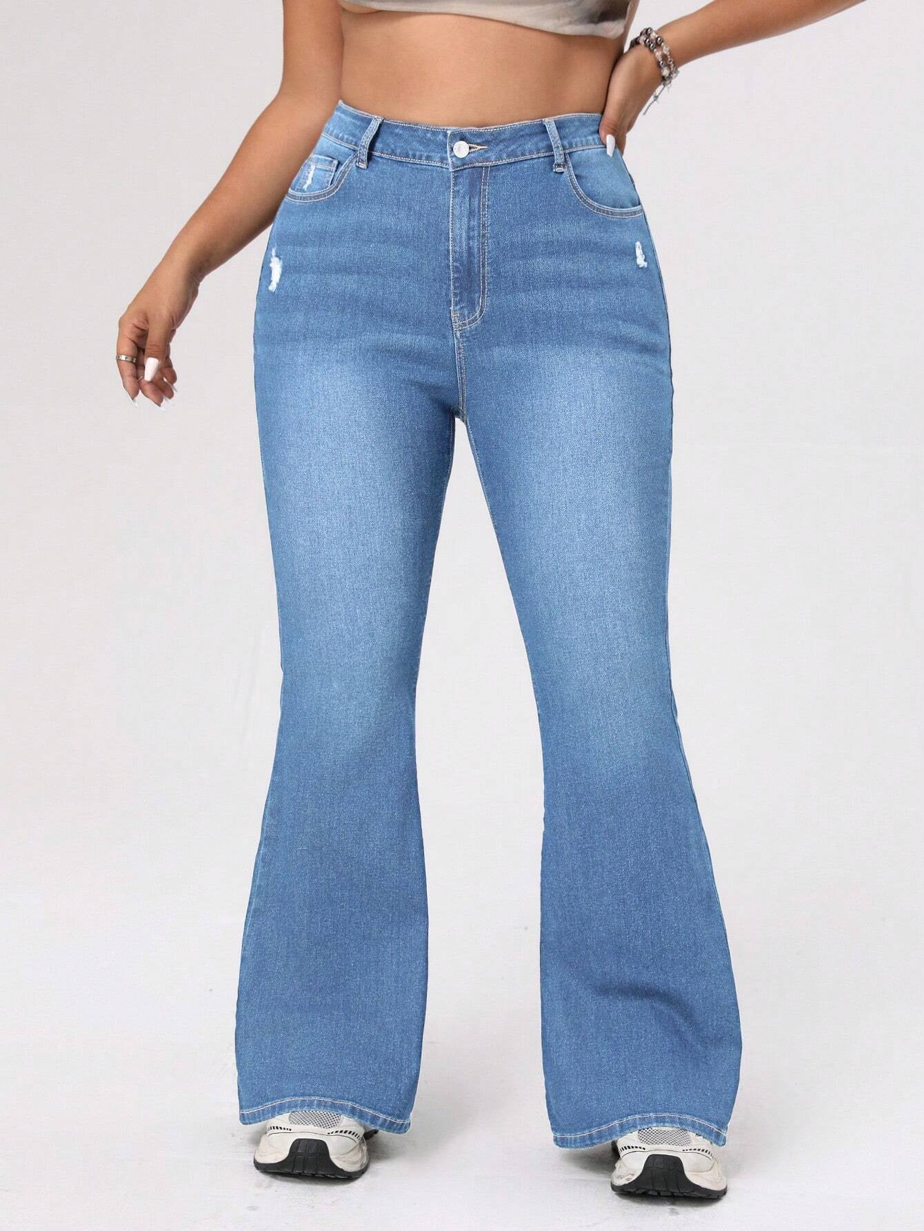 ICON Plus Size Women's Distressed Flared Jeans