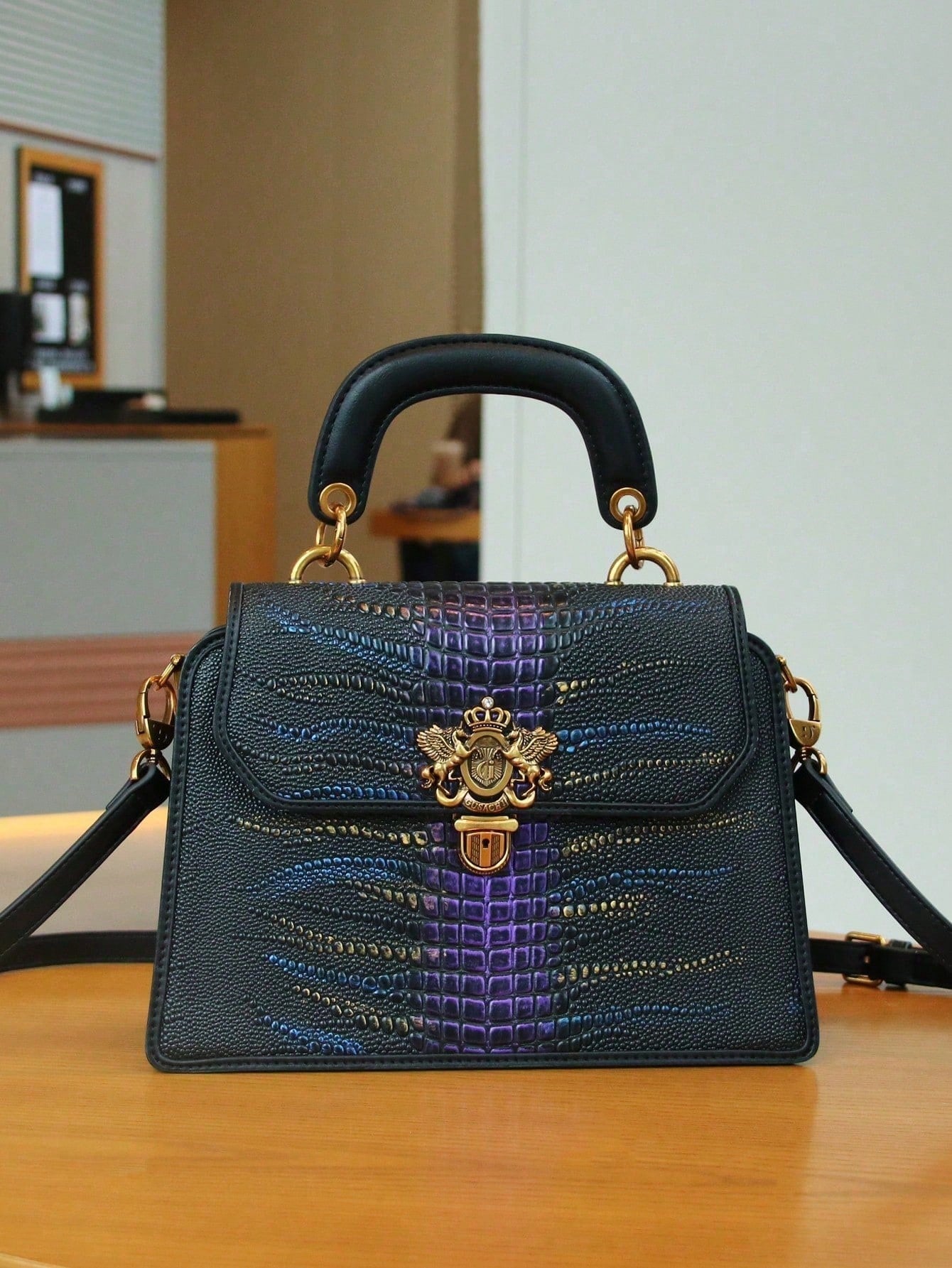 Luxury Custom 2025 New Vintage Women'S Handbag, Fashion Elaborate Luxurious Blue & Gold Snake Print Lock Ornament Tote Bag, Mature Style Shoulder & Crossbody Bag, Detachable Handle