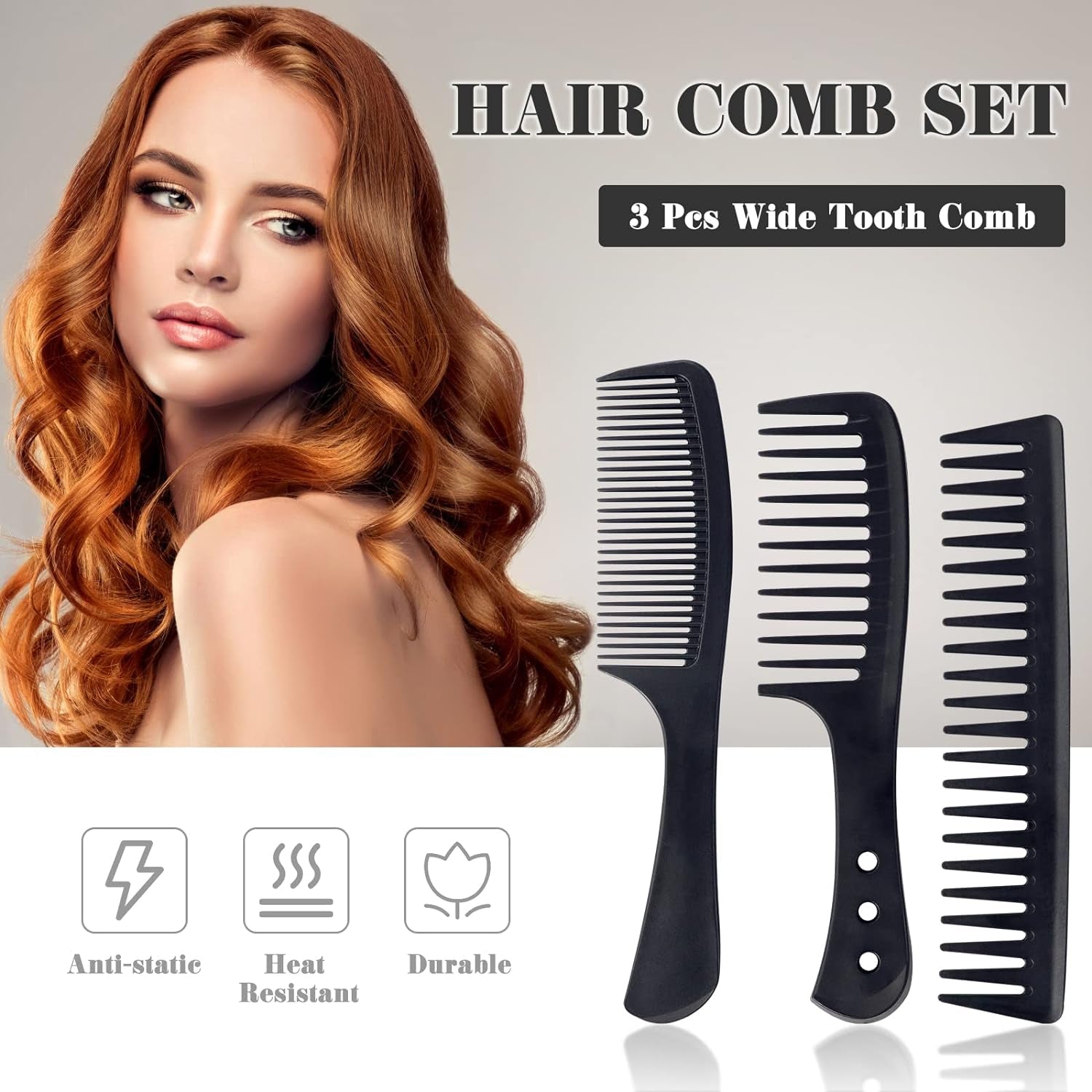 Hair Comb Set, 3 Pcs Wide Tooth Comb, Carbon Fiber Hair Comb Set, Heat Resistant Anti-Static Comb, Hairdressing Hair Styling Comb for Most Hair Types