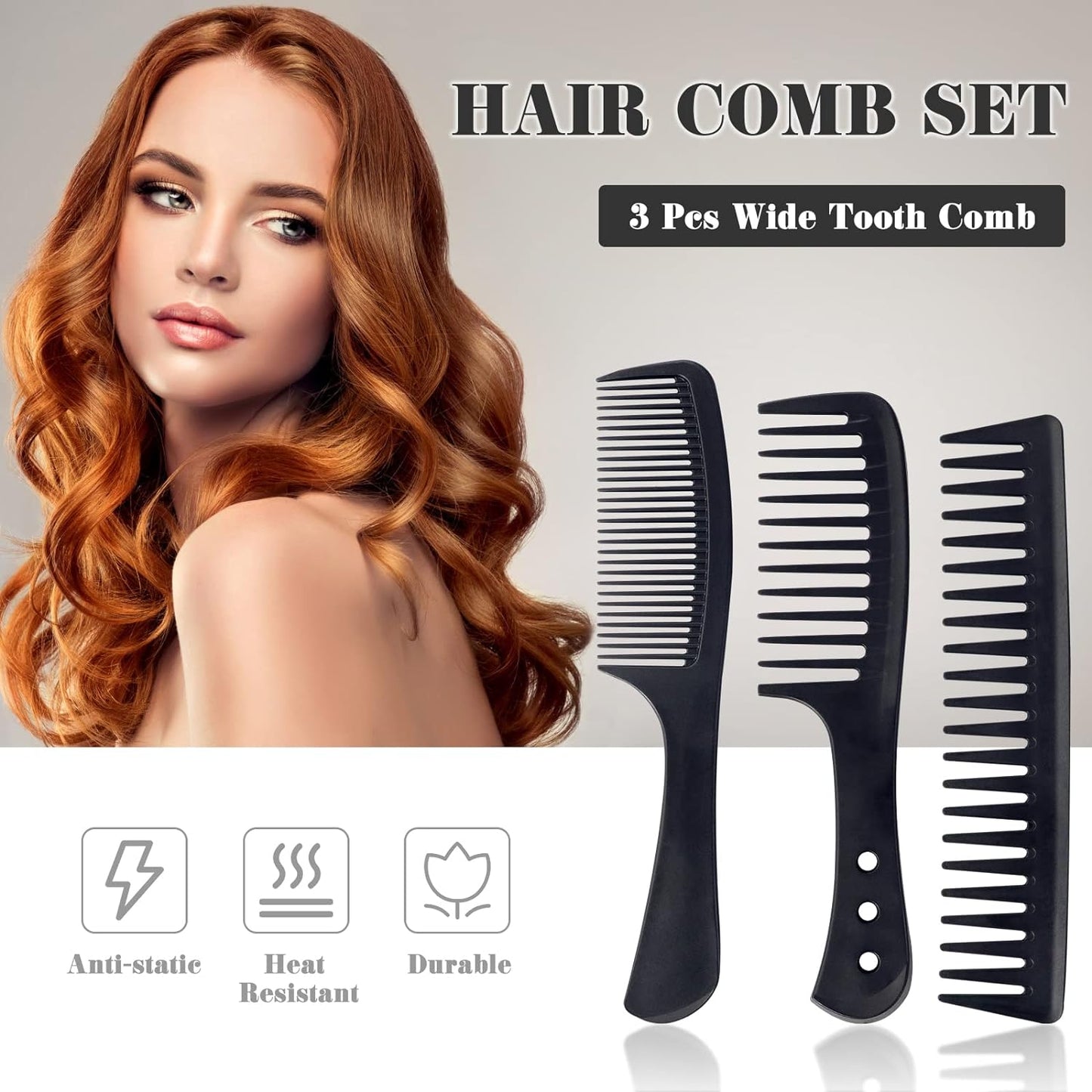 Hair Comb Set, 3 Pcs Wide Tooth Comb, Carbon Fiber Hair Comb Set, Heat Resistant Anti-Static Comb, Hairdressing Hair Styling Comb for Most Hair Types