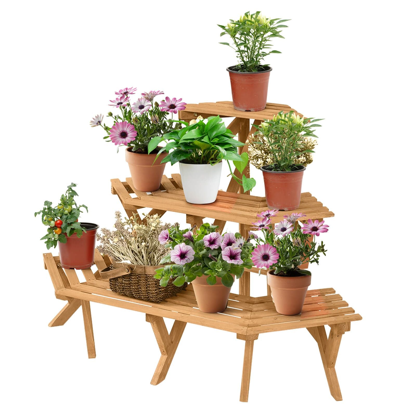 Three-Tier Wooden Plant Stand for Indoor and Outdoor Gardening Applications