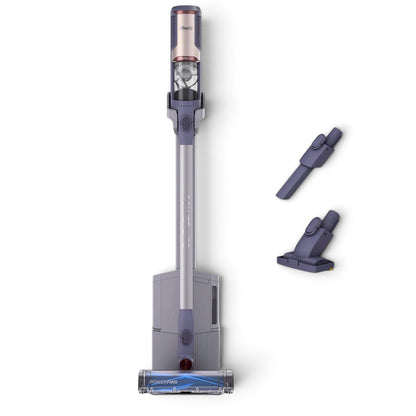 minjasuperstore Shark cordless stick vacuum in purple with PowerFins floorhead, crevice tool, and upholstery attachment.
