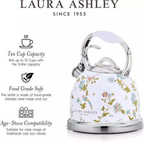Laura Ashley Whistling Stovetop Kettle 3L Stainless Steel Tea Pot with Handle